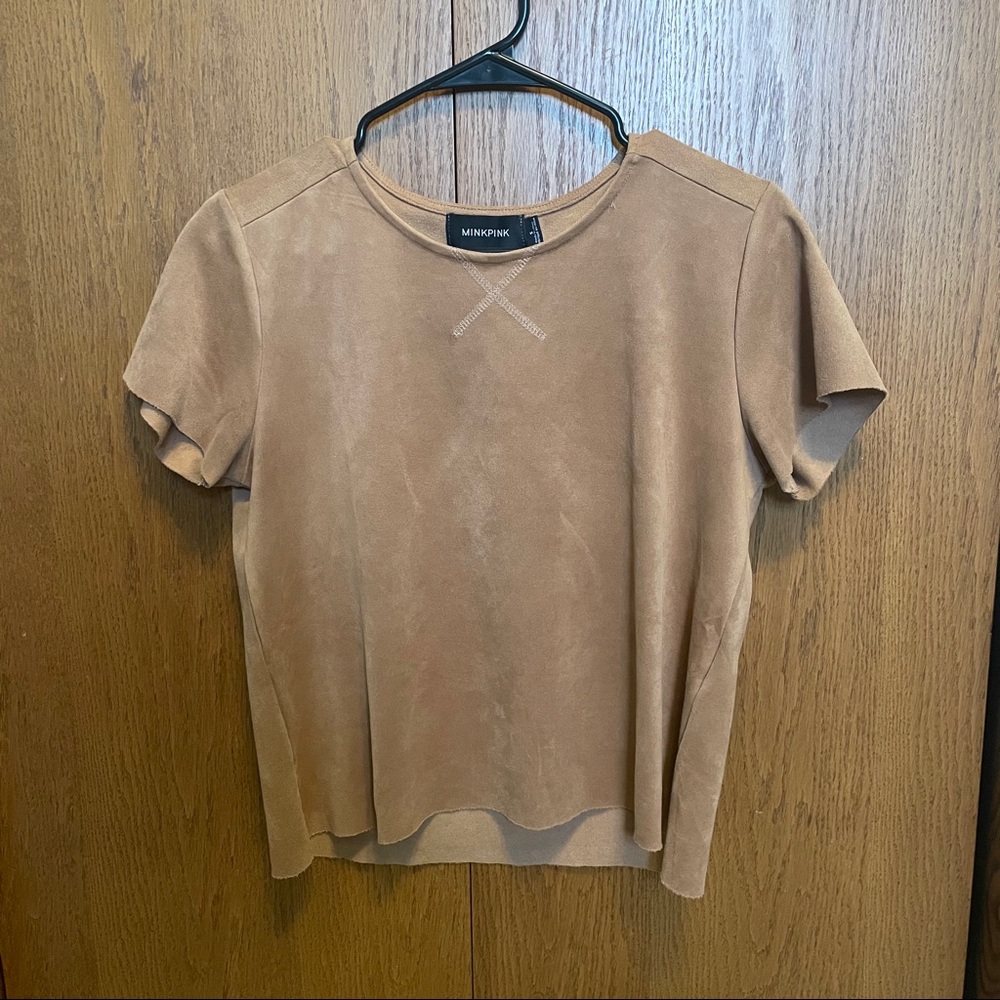 tan suede short sleeve blouse, size S